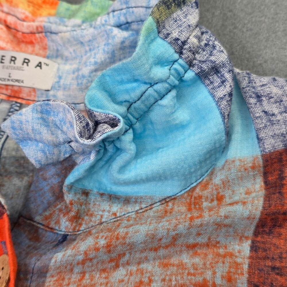 Terra Shirt Womens L Colorful Patchwork Wire Ruffle Collar Boho Tunic SJ Apparel - Picture 5 of 15